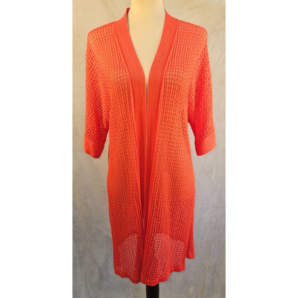Chico's Red Orange Open Knit Duster Cardigan Longline Boho Beach Resort Size 1 M